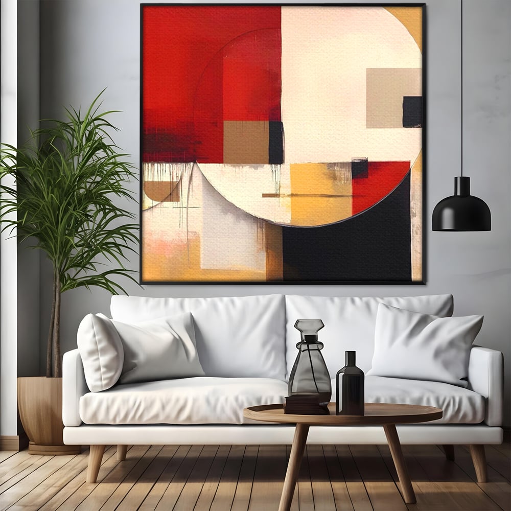 Tablou canvas cu pictura abstracta cu forme geometrice, in rama de aluminiu negru, pe perete intr-un living